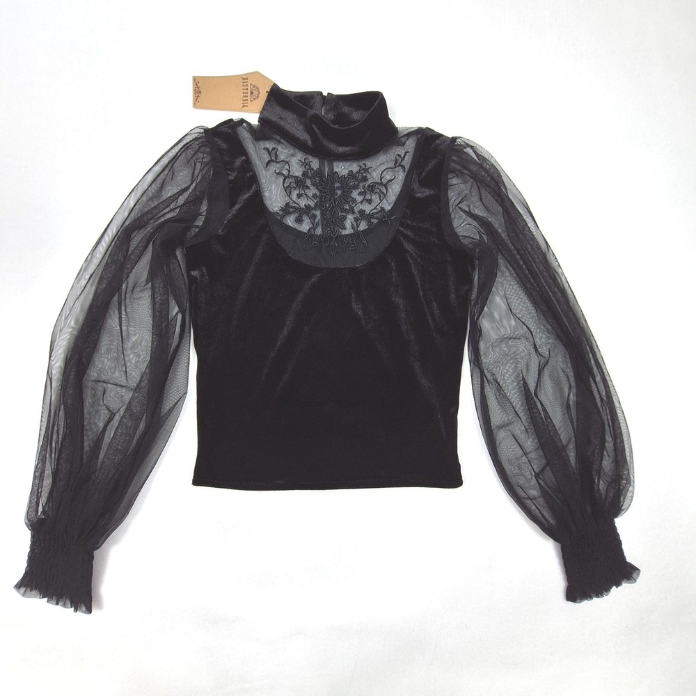 Disturbia Trixie Velvet Top Womens US 2 Black Mesh Gothic Funnel Neck